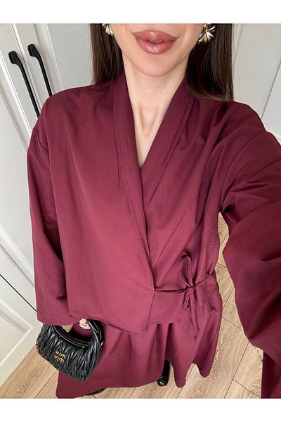 manana fashion Poplin Fabric Side Tie Burgundy Shirt Skirt Double Set