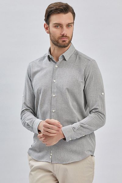 İmza Dobby Grey Slim Fit Casual πουκάμισο - κοντομάνικο, γιακάς, βαμβακερό 1004240202