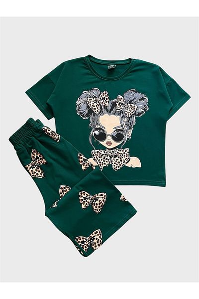 ALİŞ KİDS Girl's 100% Cotton Green Girl and Leopard Patterned Short Sleeve Wide Leg Tracksuit Set