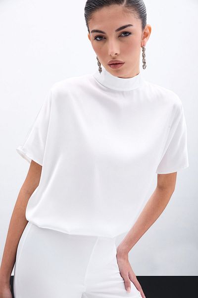 Sateen Bat Sleeve Casual Blouse - Ecru