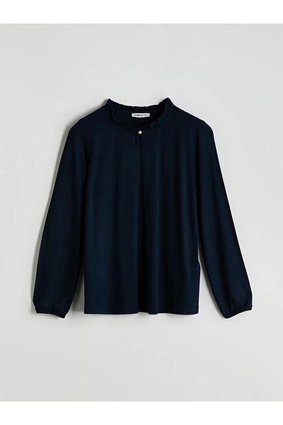 LC Waikiki Lcw grace navy blue ruffled Mock Neck women's blouse
