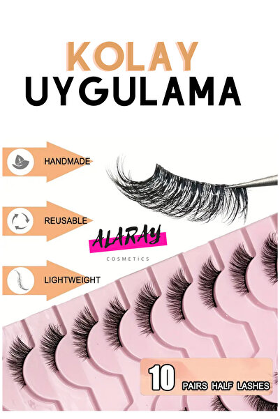 alaraycosmetics 10 Çift Doğal Kedi Göz Takma Ipek Kirpik 3-5-9mm,yumuşak Ve Hafif,doğal,çapraz Stiller