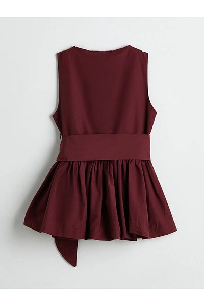 LC Waikiki Xside burgundy Double-Breasted collar waist tie shirred poplin blouse