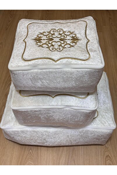 Mustgross Çeyizlik Kadife Gold Işlemeli 3 lü Krem Bohça Nişan Gelin Damat Hurcu