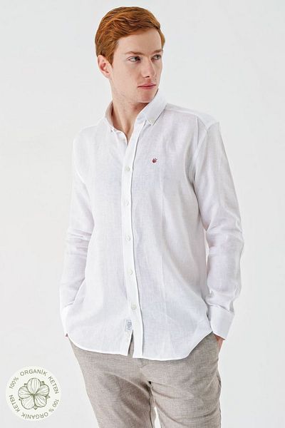 İmza Λευκό μακρυμάνικο χωρίς τσέπη 100% λινό Classic Comfort Fit πουκάμισο με χαλαρή εφαρμογή 1004240186