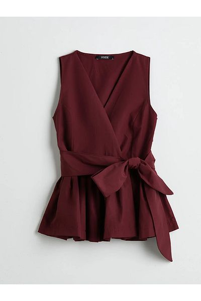 LC Waikiki Xside burgundy Double-Breasted collar waist tie shirred poplin blouse