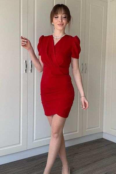 Dilay Gökoğlu Butik Glitter Crepe Mini Princess Sleeve Black Dress