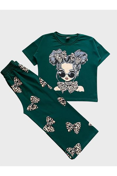 ALİŞ KİDS Girl's 100% Cotton Green Girl and Leopard Patterned Short Sleeve Wide Leg Tracksuit Set