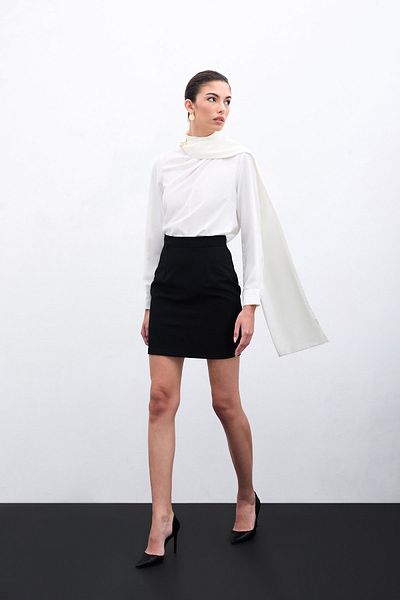 Sateen Ecru Colored Blouse with Shawl Detail