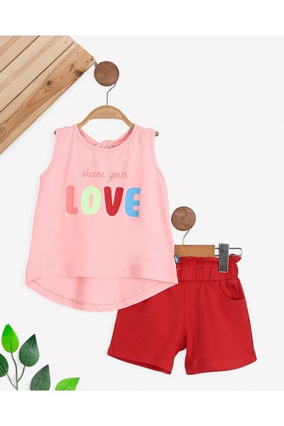 Egelite طقم شورت مطبوع عليه Love مع أشرطة معطف واق من المطر للفتيات بعمر 3-6 سنوات - 100% قطن