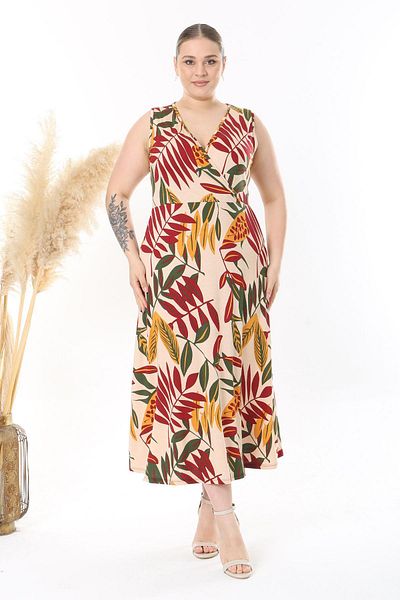 Madwilo Women's Beige Burgundy Floral Pattern Sleeveless Double Breasted Collar Large Size Maxi Dress
