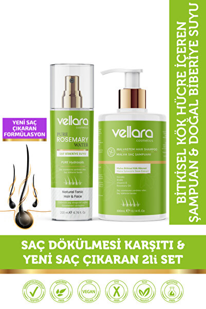 Vellara Saç Dökülmesi Karşıtı Kök Hücre İçeren Şampuan ve Biberiye Suyu 2li Set