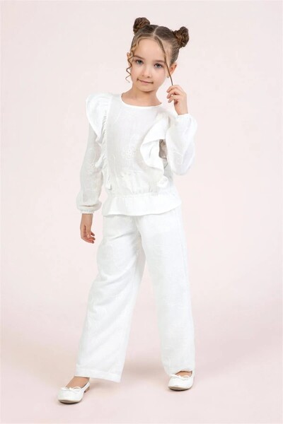 Elabutik M 9606 Girl's Embroidered Blouse 4-9 Years-Ecru