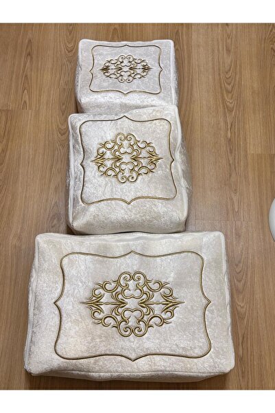Mustgross Çeyizlik Kadife Gold Işlemeli 3 lü Krem Bohça Nişan Gelin Damat Hurcu