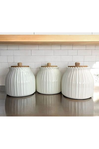 Kitchen Pembelia Porcelain Jar Set with Bamboo Lid - 3-Piece Papaya Pattern Cheers, Tayfa and Salt Storage Container