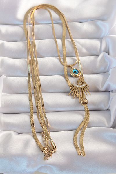 Skygo Gold Colored 316l Steel Zircon Stone Long ElevatorModelNecklace - Evil Eye Detail - Tj-bko8962