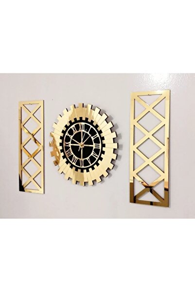 NİSANEST Dekoratif Modern ve Şık Altın Renk Tablo Duvar Saati 3 lü Set 80x50 cm