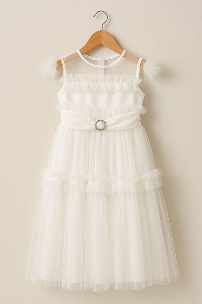 DUBAİ ÇOCUK Girl's White Tulle Special Occasion Dress with Stone Detail, Princess Model