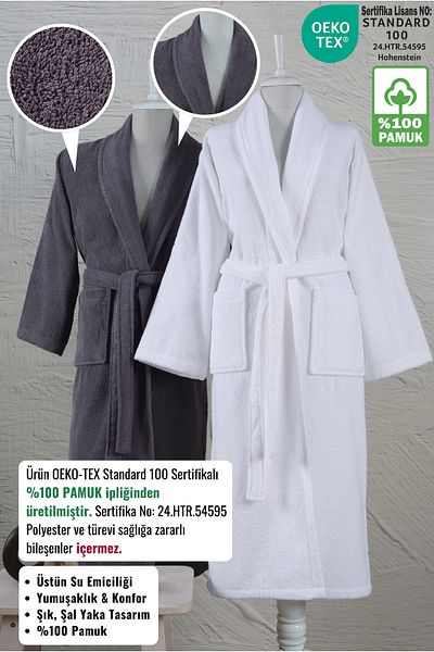 Ellaline Σετ μπουρνούζι 2 τεμαχίων 100% βαμβάκι πιστοποιημένο γυναικείο ανδρικό σετ γιακά οικογενειακό ανθρακί και λευκό