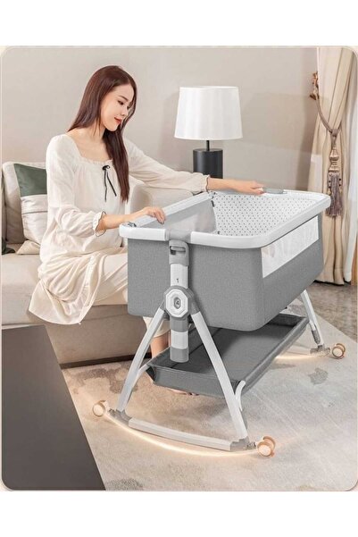 KM سرير أطفال نيكست تو مي، هزاز، قابل للتعديل إلى 6 مستويات، ناموسية، رمادي