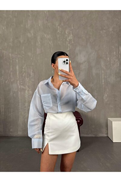 Gaus Mavi Çizgili Hafif Transparan Muadil Gömlek Gaus00153