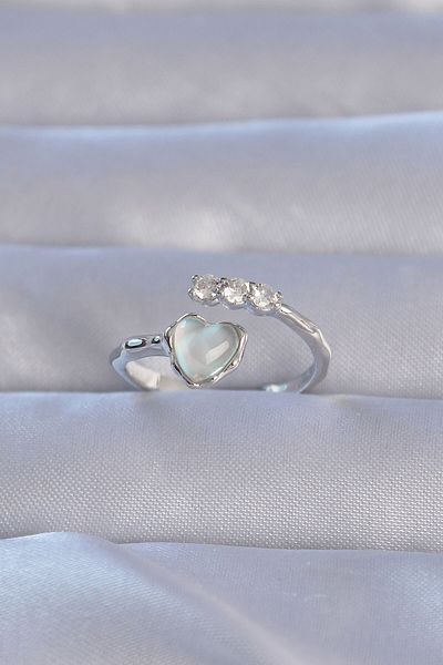 Skygo Brass Silver Heart Model Ring with Zirconia - Adjustable Mother of Pearl, TJ-BYK3232