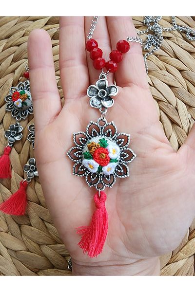 LADYETAMIN Brazil Embroidery Handmade Women's Necklace, Bracelet, Earrings 3-Piece Set-Etamin Red Flower Bouquet Women's Set