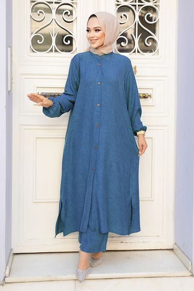 N.S NEVA STYLE Indigo Blue Button Hijab Σετ δύο τεμαχίων - 19017IM