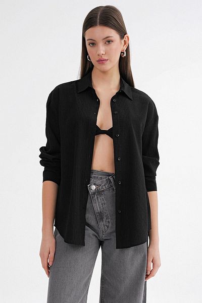 Mixray 4674 Women's Basic Black Draped Thin Striped Shirt