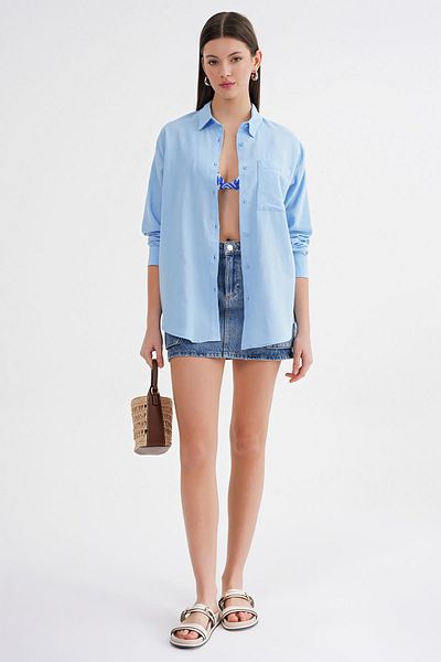 Mixray 4670 Cămașă de bază oversize de in pentru femei cu buzunare Baby Blue
