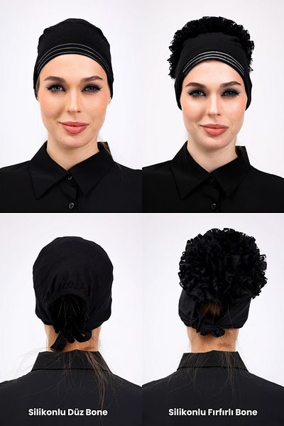 Loggia Set of 2 Black Non-Slip Ruffled and Plain Silicone Bonnets - Women's Hijab Underwear Bonnet