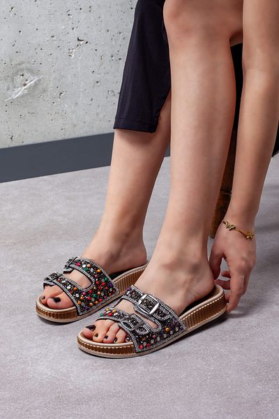Melek Tuna Women's Extra Comfortable Stone Slippers, Women's Crystal Stone Elegant Slippers, Women's Stylish Slippers