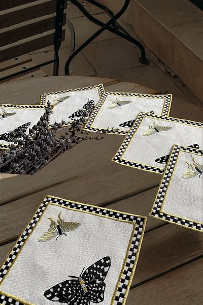 e-Bizz Store 6 Pieces Butterfly Patterned Linen Fabric with Embroidery on Coffee Side Cocktail Napkin & Coaster