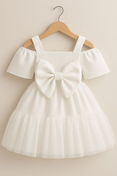 DUBAİ ÇOCUK White Children's Wedding Dress with Flowers, Short Sleeves, Pearl Belt