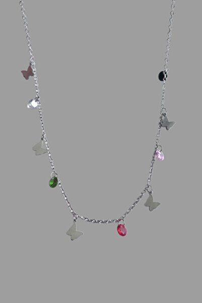 AurorAccessory قلادة فولينتا شوب الفولاذية الصغيرة على شكل فراشة وحجر ملون مت...