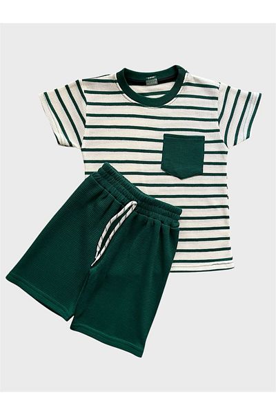 ALİŞ KİDS Boy's 100% Cotton Green and White Striped Pocket Waffle Fabric Short Sleeve Shorts Summer Suit