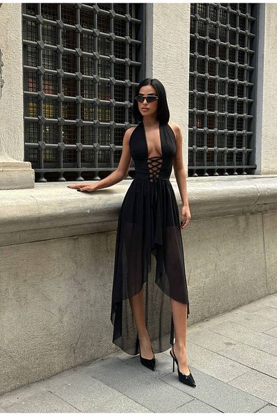 S&A Collectionn Women's Halter Deep Cut Out Backless Corset Asymmetrical Tulle Dress with Shorts