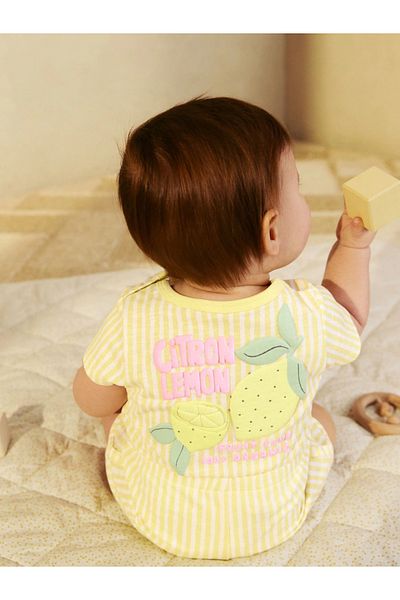 Next Baby 100% Organic Cotton Yellow Striped Lemon Fruit Jersey Single Baby Romper