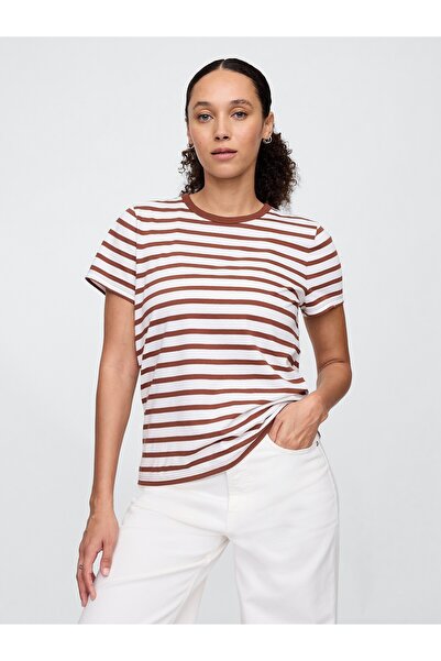 GAP Kadın Kahverengi Çizgili Crewneck T-Shirt