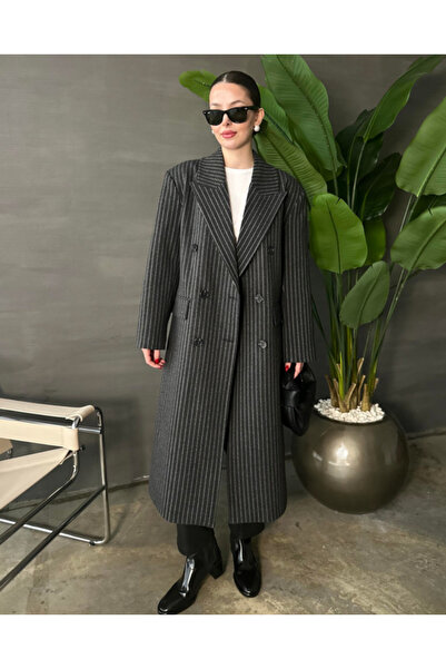 SUİD Çizgi Detaylı Oversize Kol Detaylı Uzun Kaban