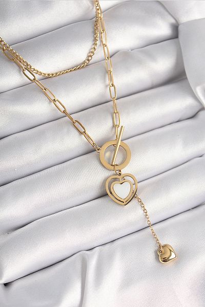 Skygo 316L Steel Gold Color 2-Piece Chain Model Dangle Detail Women's Necklace - Tj-Bko9936