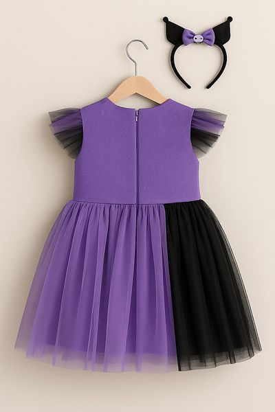DUBAİ ÇOCUK Girl's Kuromi Themed Tulle Costume Dress and Crown Set Purple & Black
