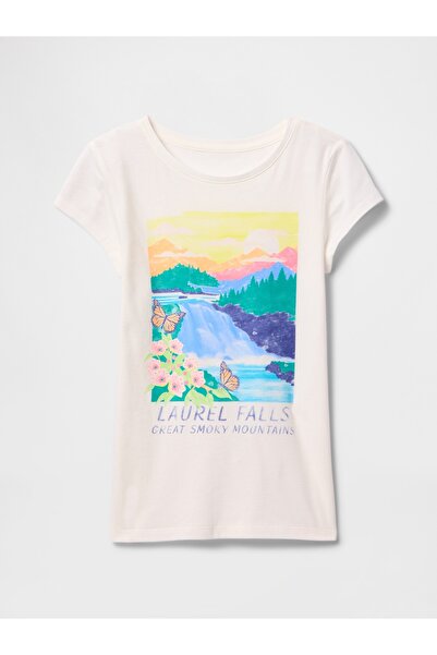 GAP Kız Çocuk Kırık Beyaz Grafikli T-Shirt