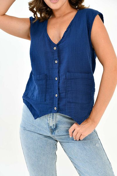 Butik Women's Muslin Vest - 100% Cotton, Pocket Front Buttoned Blouse