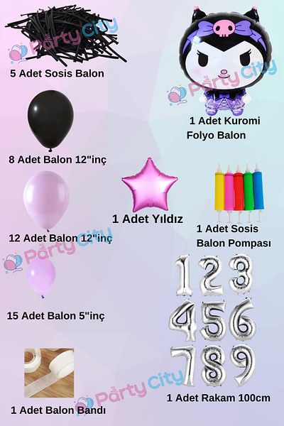 Party City Σετ με θέμα το μπαλόνι Kuromi Foil Age 3 - Μπαλόνι λουκάνικο - έναστρο - Μίνι σετ μπαλονιών γιορτής γενεθλίων
