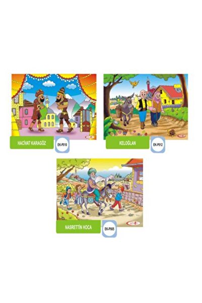 Toy Oyuncak Okul Öncesi Ahşap Puzzle 3 Lü Set Milli Kahramanlar Keloğlan Nasrettin Hoca Hacivat-karagöz