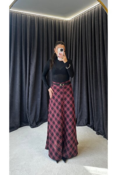 Butik Ekoseli Bordo Uzun Etek