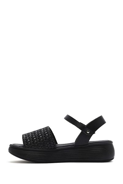 Derimod Women's Black Ankle Strap Braided Thick Sole Leather Sandals 25Sfd 332626