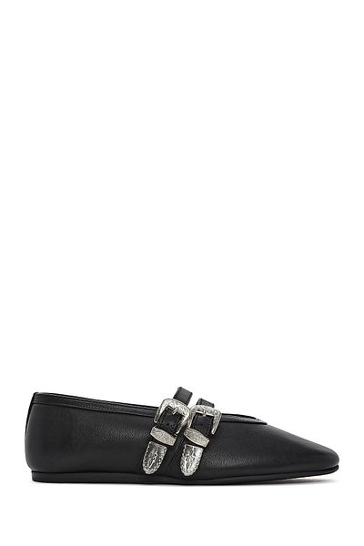 Derimod Women's Black Double Buckle Leather Ballerinas 25Sfd 140218