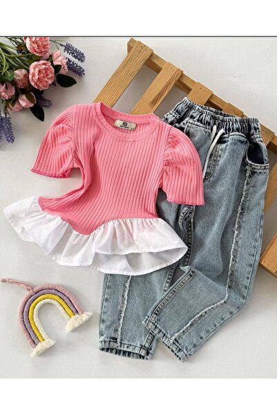 KOKOŞ BEBEK Şeritli Kot Kız Takım | 2/8 Yaş Arası